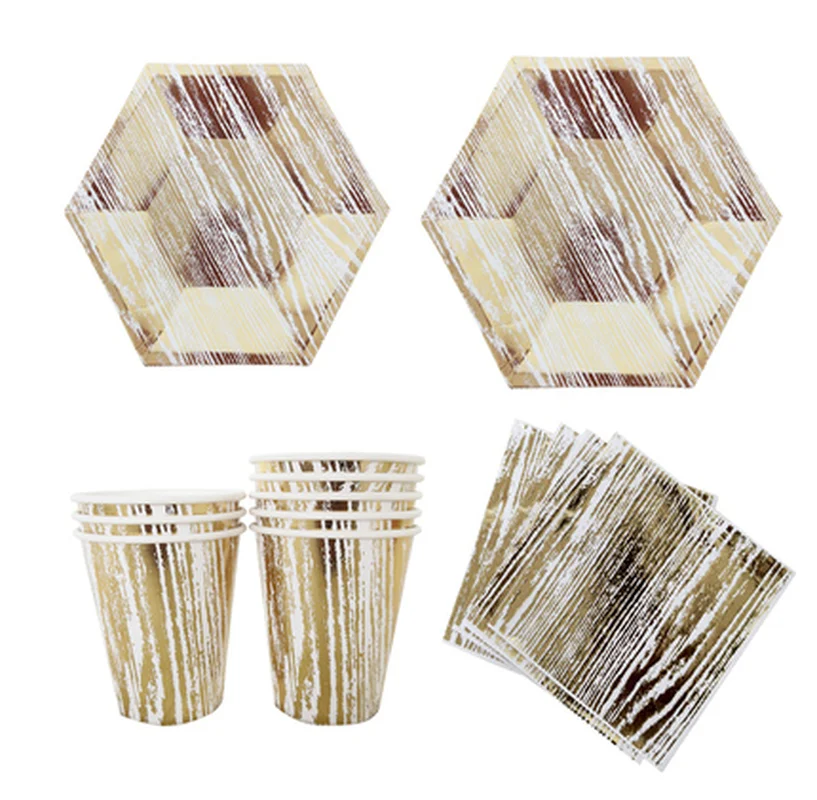Шестигранная бумажная тарелка одноразовые чашки из золотой фольги коктейльные