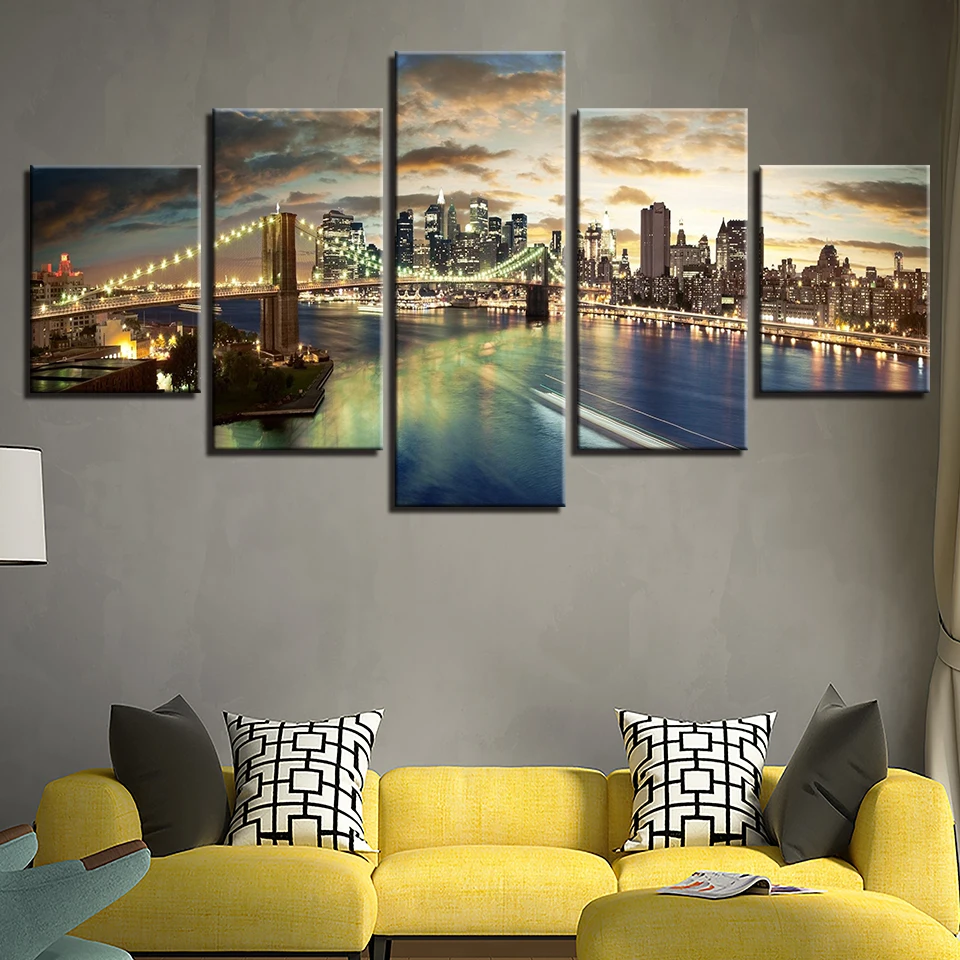 Холст Картины Гостиная Wall Art 5 шт. Бруклинский мост город ночной вид фотографии
