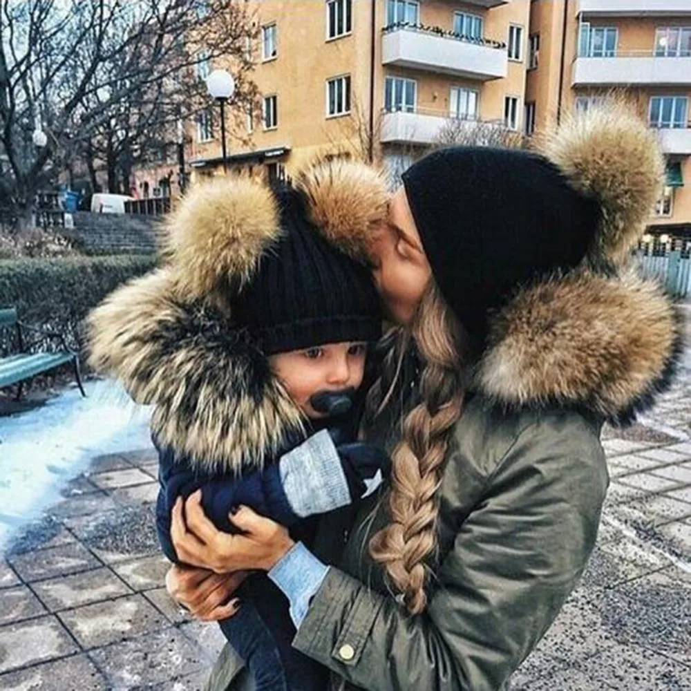 

Puseky 2pcs/set Family Matching Knitted Hats with Two Fur Ball Solid Color Crochet Beanie Hats Mother Mon Kids Children Headwear