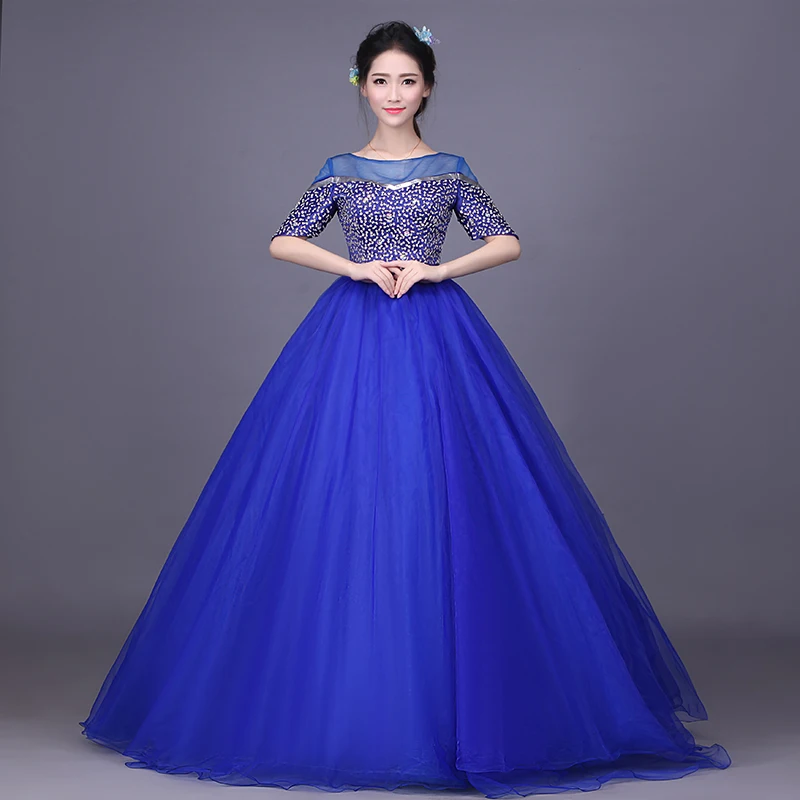 Новый 2017 синий лодка шеи половина рукава вечерние платья stage соло блестки бальные