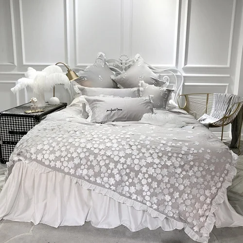 bedding set 1 Комплект постельного белья из египетского хлопка, розовый, серый, принцесса, роскошный пододеяльник, постельное белье, королева/король размер, кровать, юбка, покрывало, parure de lit - Цвет: bedding set 1