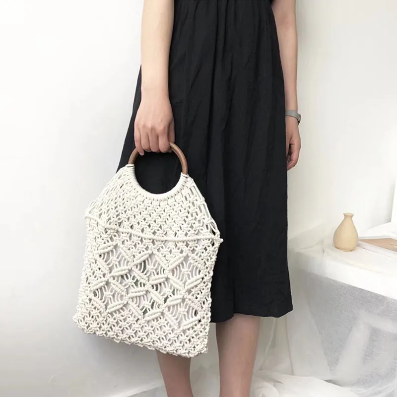Popula хлопковая веревка полый соломенный мешок Sheer Macrame Tote богемский Сверхлегкий