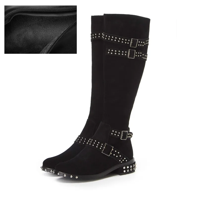 Cow Suede XIUNINGYAN/Женская обувь; женские сапоги до колена из натуральной кожи; Supperstar Matin; зимние сапоги; женские сапоги для верховой езды с заклепками - Цвет: Cow Suede