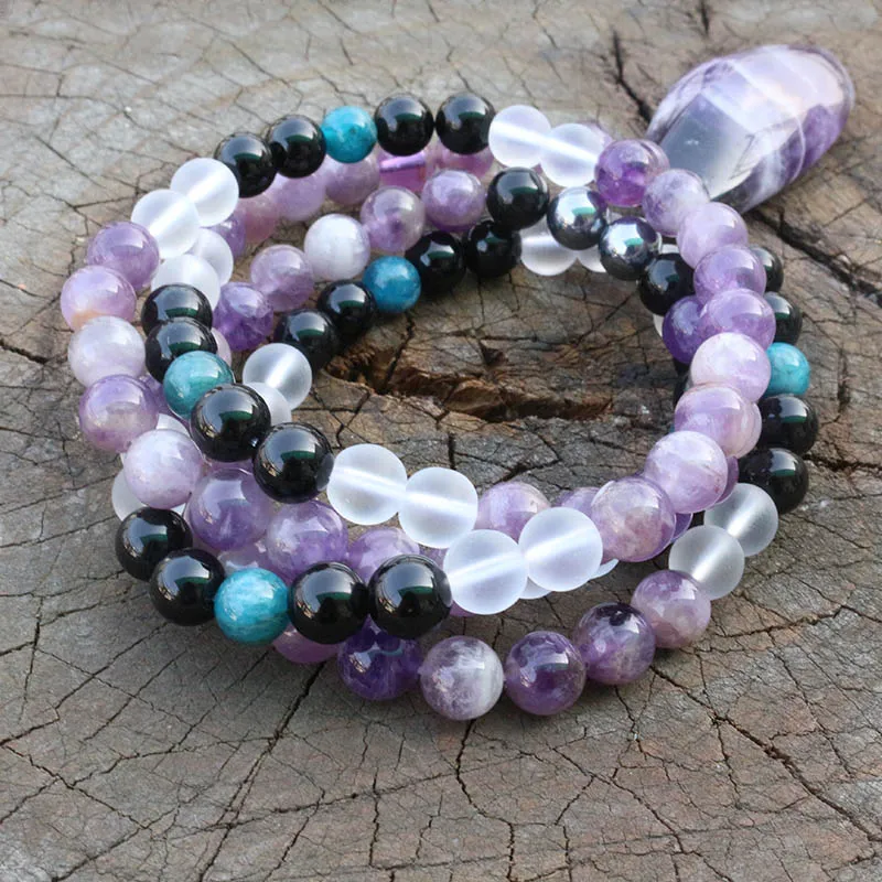 Кулон с аметистом и 8 мм апатит ожерелье JapaMala ювелирные изделия Namaste Yoga