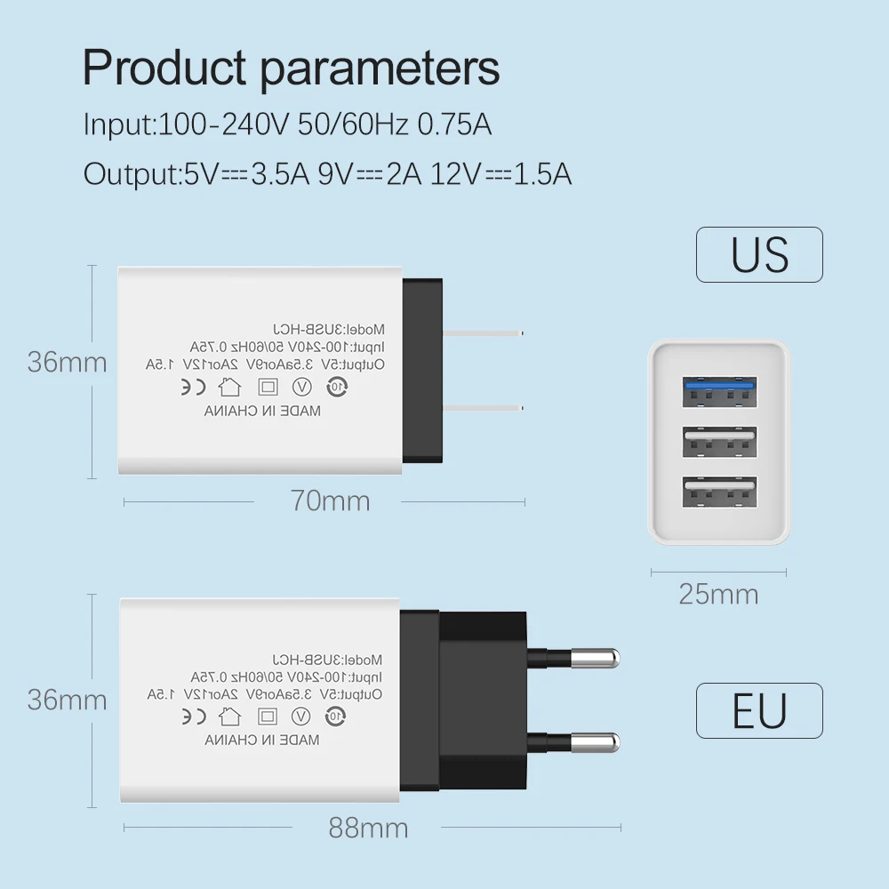 Универсальное зарядное устройство с 3 портами USB 2 А для iPhone Android дорожное