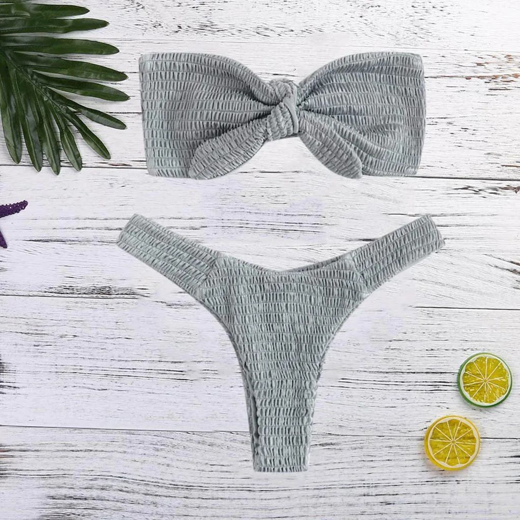 Бикини 2020 сексуальный женский однотонный плиссированный бантик два предмета