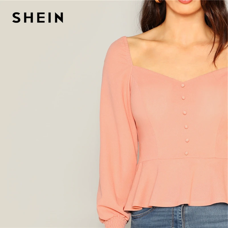 SHEIN Топ С Глубоким Вырезом И Пуговицами Женская Блузка С Длинным Рукавом Элегантные Блузки