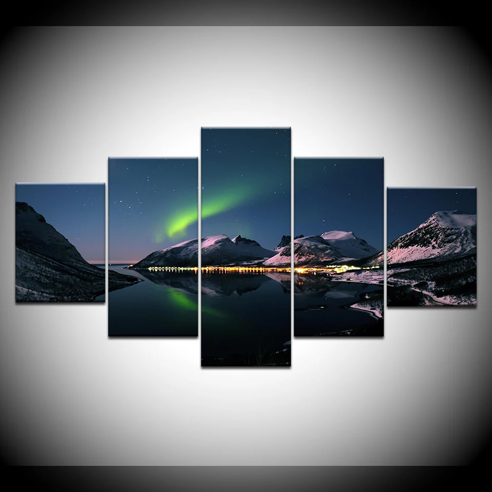 5 панелей HD печать снег гора Аврора borealis Ночной пейзаж на холсте художественная