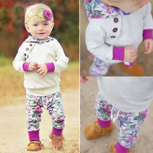 Pudcoco 2018 Newborn Baby Boy Girl Clothes Set Purple Floral Hoodie Stripe Button Tops+Pants 2pc Gift Beauty Autumn Outfit 0-24M | Детская