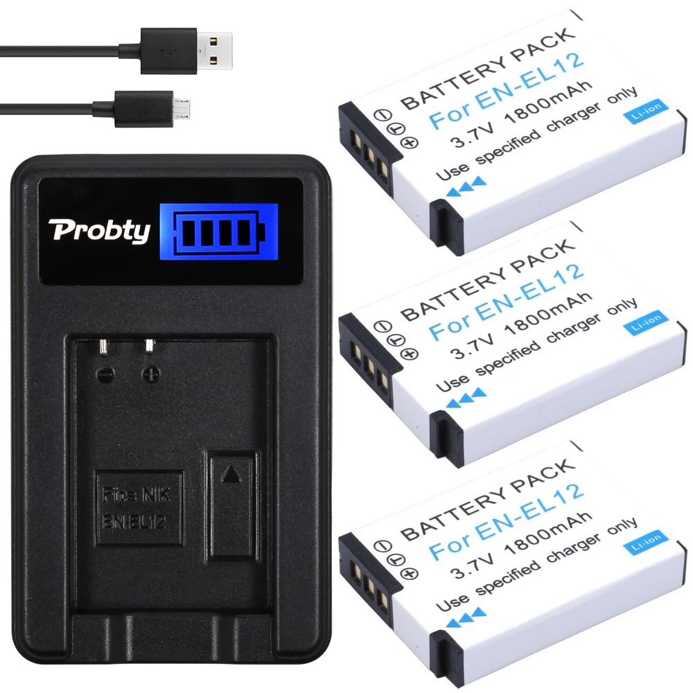 

3Pcs PROBTY EN-EL12 ENEL12 EL12 Battery + LCD Charger for Nikon Coolpix S9700 S9500 S9400 S9300 S9100 S8200 S8100 S8000 S6300