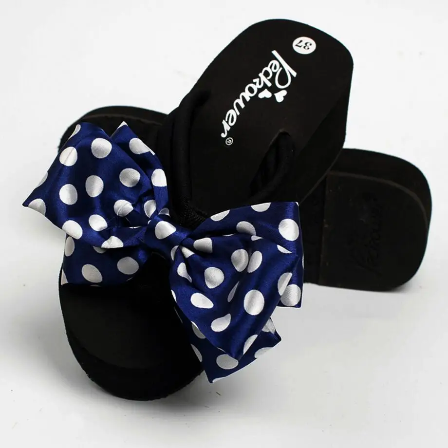 Босоножки на платформе с большим бантом в горошек женские вьетнамки высоком