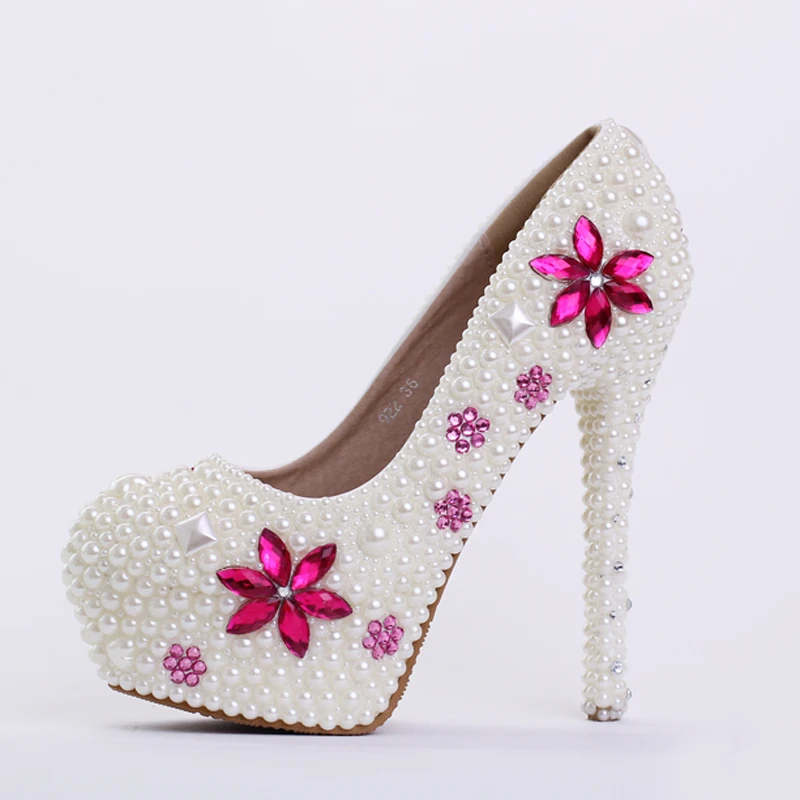 Туфли невесты с белым жемчугом и розовыми стразы свадебные туфли под заказ