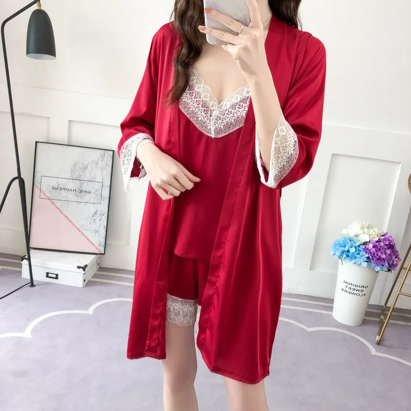 red Атласные женские одеяния+ платье комплект пижамы кружевное сексуальное женское белье халат розовый Шелковый Большой размер красные подружки невесты японское кимоно - Цвет: red