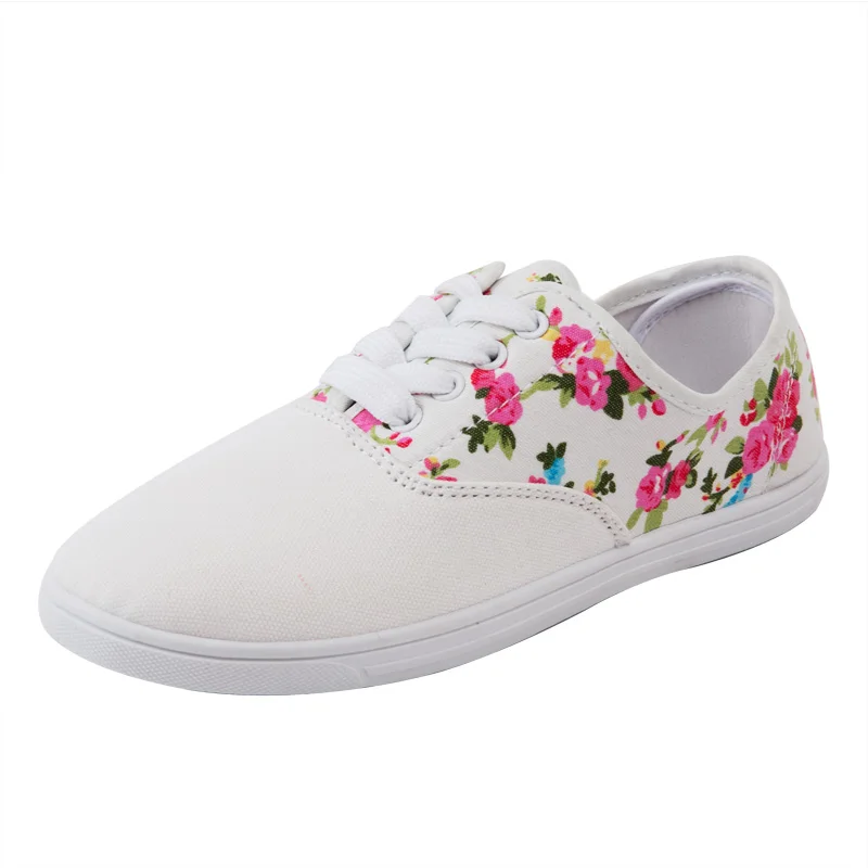 White floral Парусиновая обувь яркого цвета размера плюс, zapatos mujer повседневная женская обувь на плоской подошве со шнуровкой для влюбленных женская обувь на плоской подошве, размеры 40, 41, 42 - Цвет: White floral