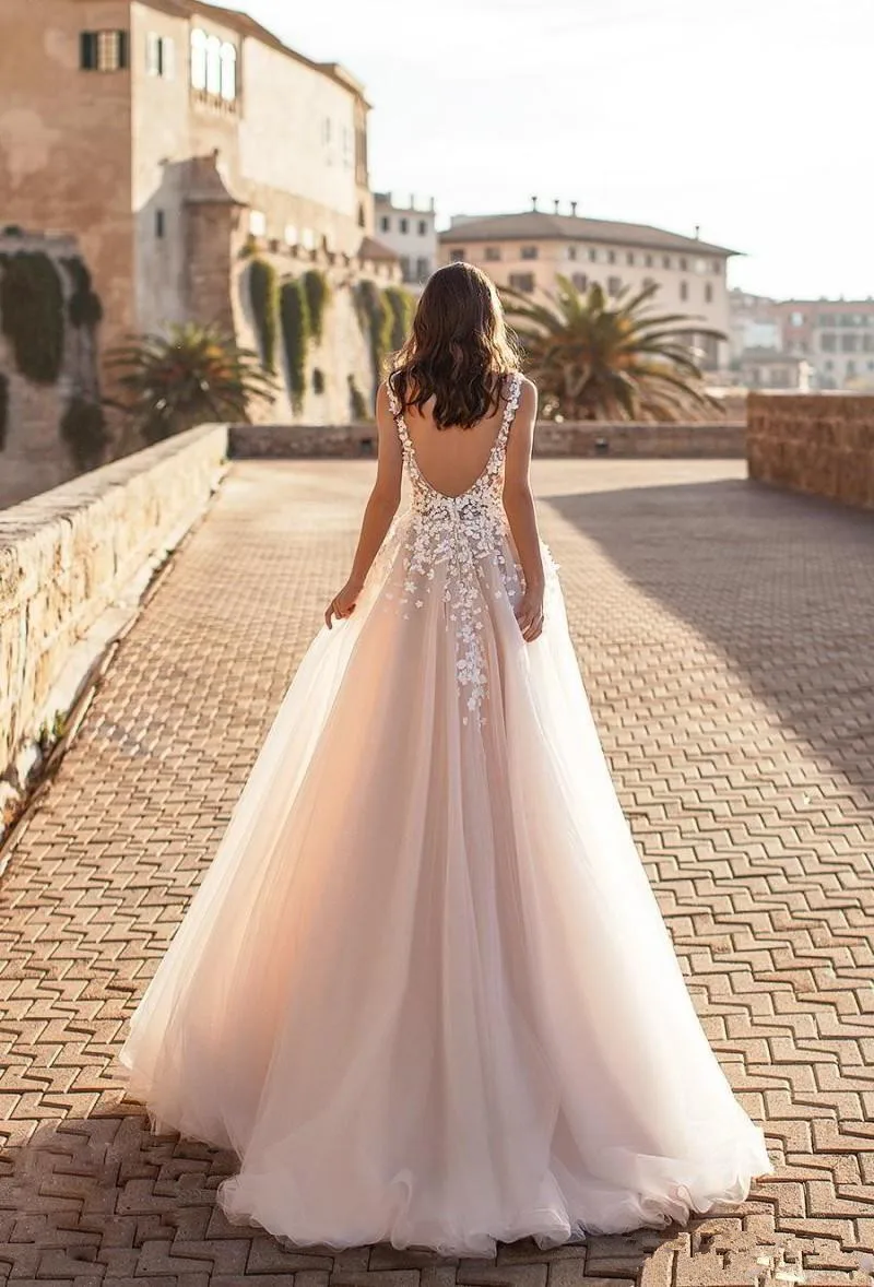 LORIE 2019 elegante cuello en V playa vestidos de novia sin respaddo 3D apliques florales encaje tul ve|Свадебные платья| |