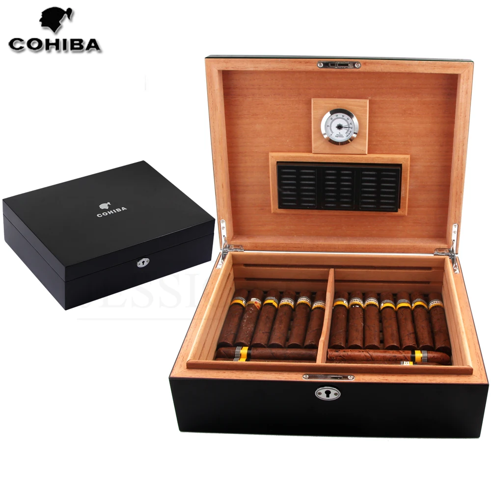 COHIBA Cedar Wood Humidor Box чехол Puro W/увлажнитель с гигрометром черный ящик для сигар Charuto Fit