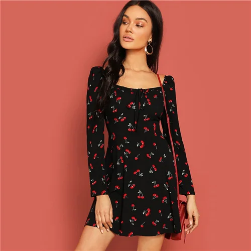Черный Dotfashion, черное платье с квадратным вырезом и принтом вишни, женская одежда, элегантное осеннее ТРАПЕЦИЕВИДНОЕ весеннее мини-платье с квадратным вырезом - Цвет: Черный