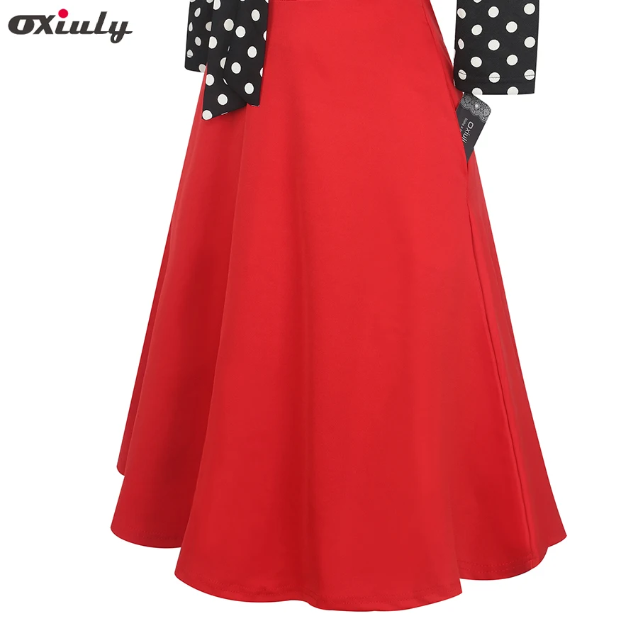 

Women 3/4 Sleeve Black Red Polka Dot Patchwork Dresses Ladies Bow Tie Pocket Female Party Fit and Flare A-line Dress Vestidos