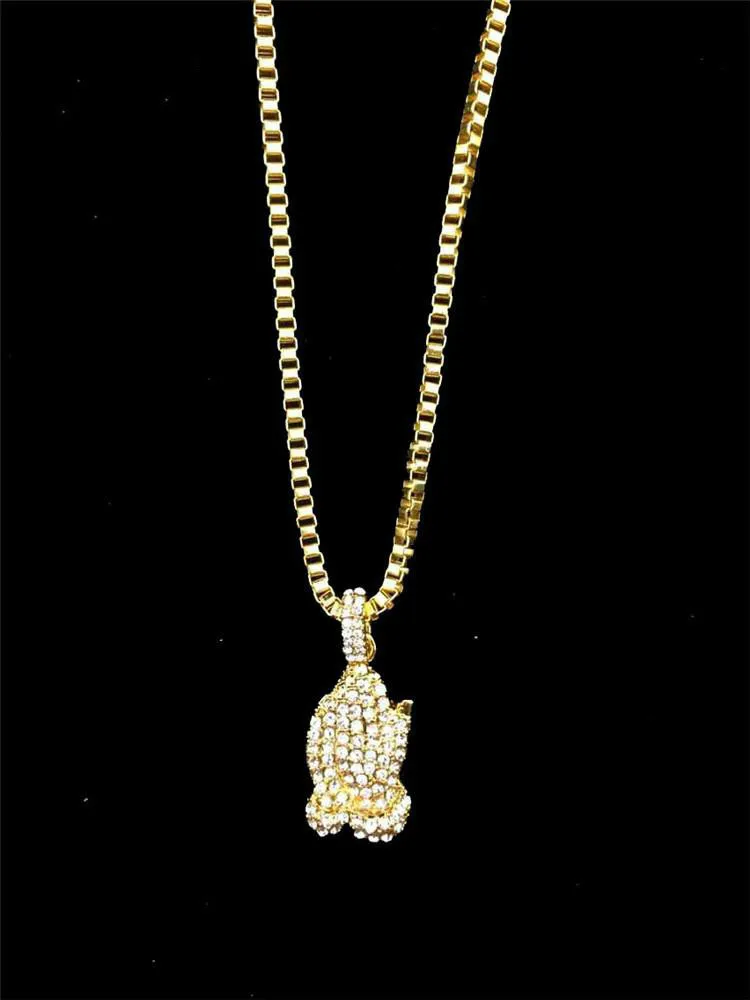 Золотой тон Iced Out Цепочки и ожерелья набор микро Ангел Кулон молитве руки