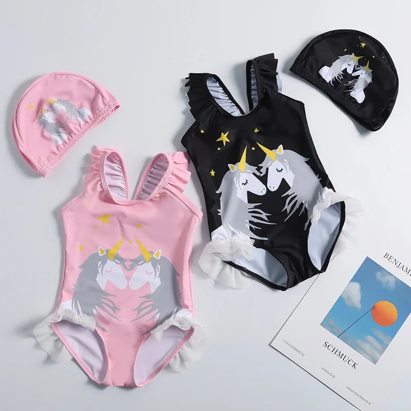 Новинка года; купальный костюм для девочек 1-10 лет; купальный костюм для девочек; цельный купальный костюм с единорогом для девочек с шапочкой; детская пляжная одежда; купальный Suit-ST120