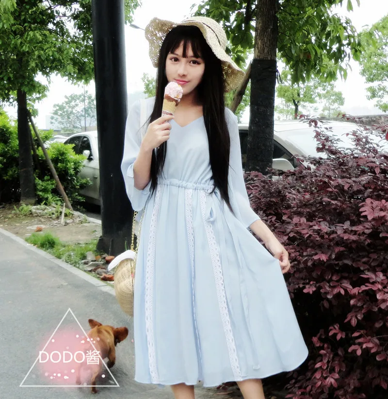 Винтажное кружевное платье в китайском стиле Hanfu Mori Girl летнее с коротким рукавом