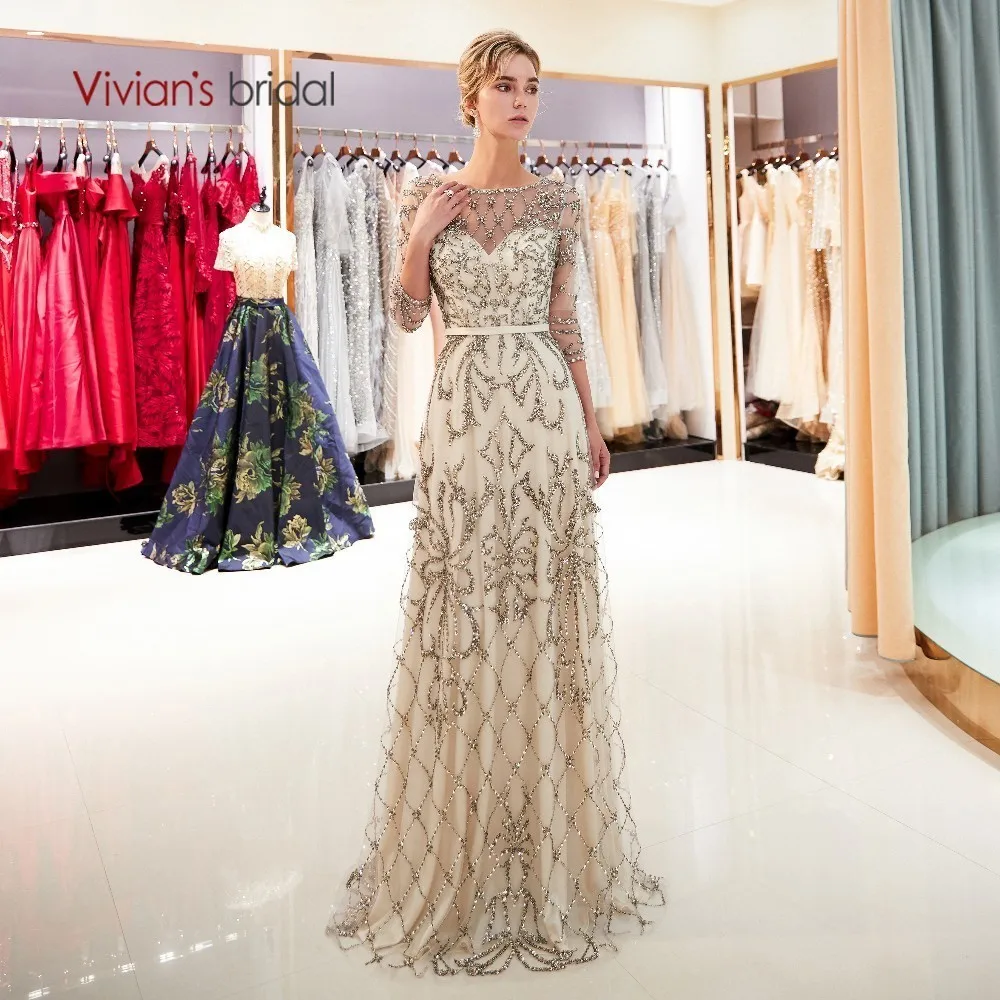 Женское вечернее платье Vivian's Bridal темно синее цвета шампанского золотое с