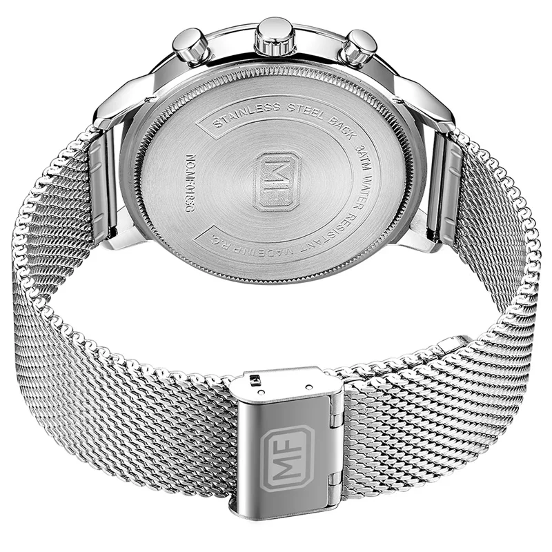 

MINI FOCUS Men's Chronograph Quartz Watches Classic Business Waterproof Wristwatch Man Mesh Strap Relogios Clock MFS0185 Silver