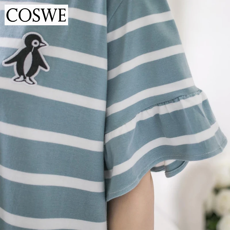 COSWE новый короткий рукав ночное белье для Для женщин трусы летние полосатые