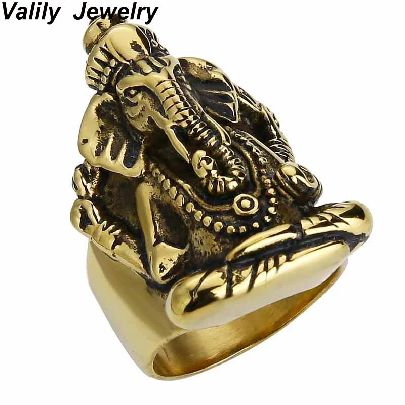 

EdgLifU Men Ring Thailand Buddha elephant Thai Pikanet GANESHA GANESH Rings Stainless Steel Golden Cool Jewelry Rings Men