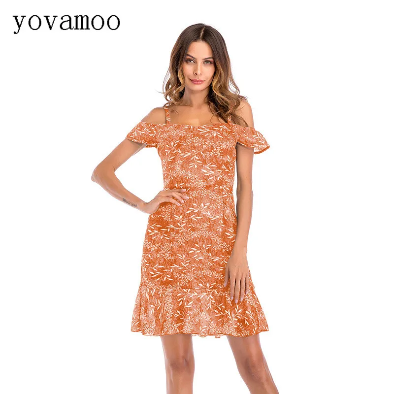 

Yovamoo 2018 Summer Women's Chiffon Spaghetti Strap Dress Fashion Strapless Ruffles Floral Print Dresses