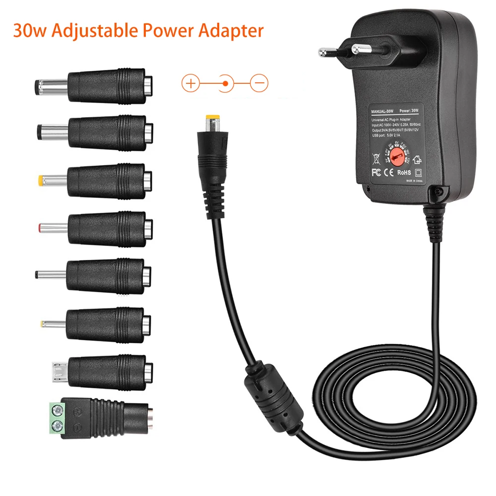 30W Универсальный адаптер питания 3V 4,5 V 5V 6V 7,5 V 9V 12V AC DC зарядное устройство преобразователь питания+ 5V 2.1A USB порт с 8Pcs jack-черный
