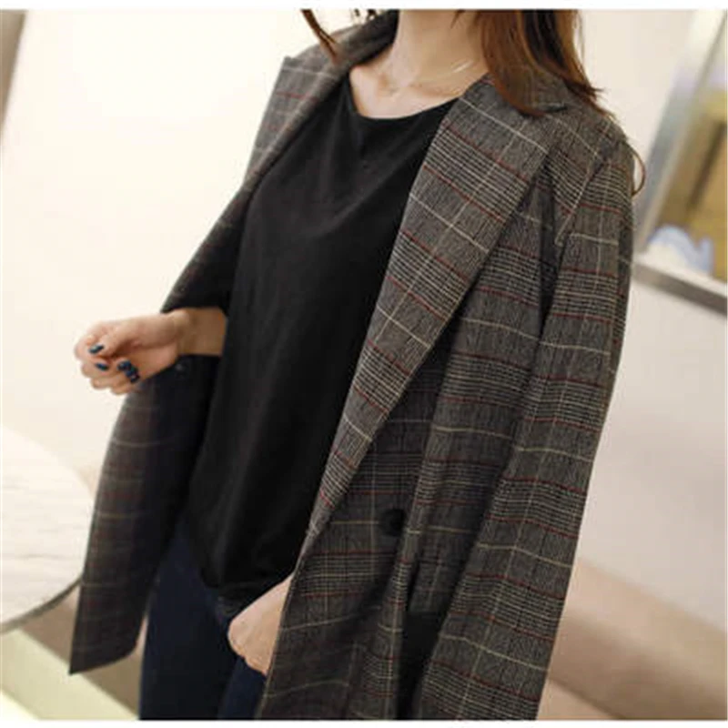 Fashion Big size Autumn Winter Women Blazers And Jackets Vintage Long Sleeve Plaid Large Size Female Blazer Pockets Button J743