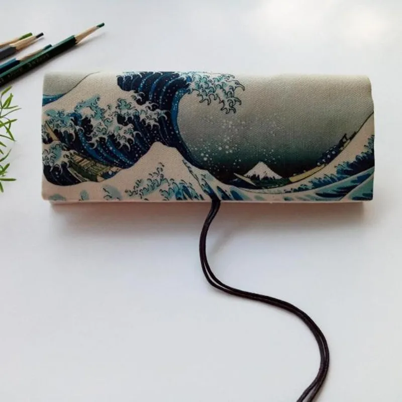 Винтажный пенал школьный холщовый чехол в рулоне для хранения косметики кистей и