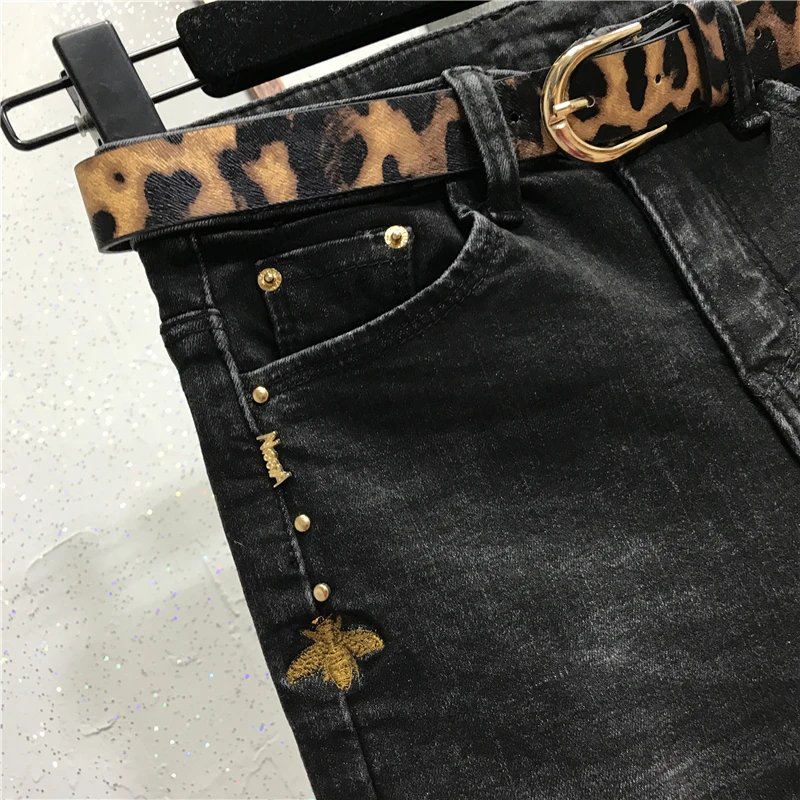 plus size 26-30 winter women fashion leopard print hole elastic high waist thick skinny pencil jeans |