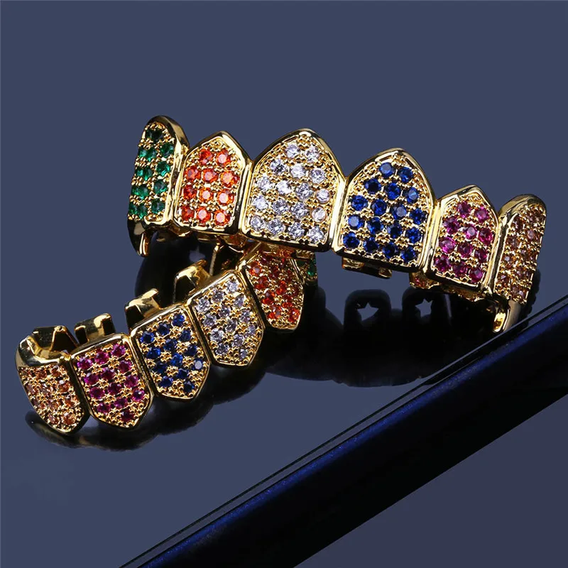 Разноцветные зубы Grillz Iced Out AAA циркон сверху и снизу набор зубов для мужчин и женщин подарки Мода вампирский зуб Grillz