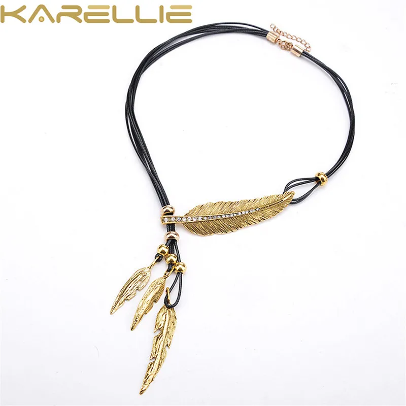 KARELLIE Vintage Jewelry Rope Chain Necklace Alloy Feather Statement Necklaces Pendants Women Accessories | Украшения и