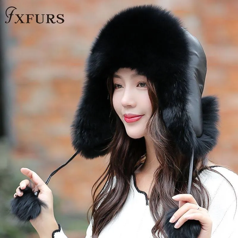 black FXFURS женские зимние шапки из меха енота с кожаным верхом бомбардировщик ушных лоскутов шапки русская ушанка для улицы Leifeng лисий мех шапки - Цвет: black