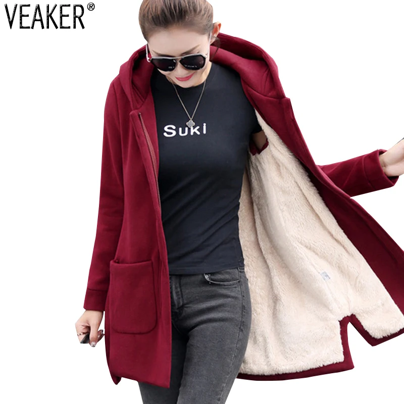 

2021 Autumn Winter Women's Fleece Jacket Coats Female Long Hooded Coats Outerwear Warm Thick Female Red Slim Fit Hoodies Jackets