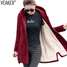 2021 Autumn Winter Womens Fleece Jacket Coats Female Long Hooded Coats Outerwear Warm Thick Female Red Slim Fit Hoodies Jackets