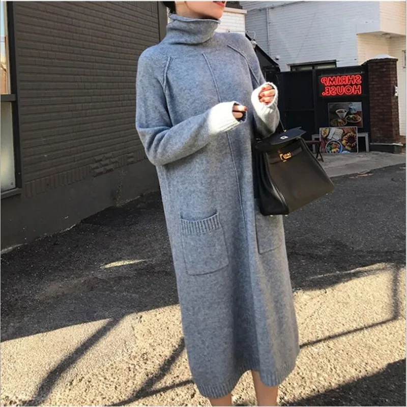2019 women's spring and autumn winter long-sleeved sweater dress pullover straight knit loose warm casual pocket clothes | Женская