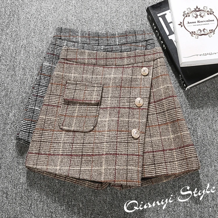 2018 весенние женские шорты с высокой талией A line широкие брюки Клетчатая Шерстяная