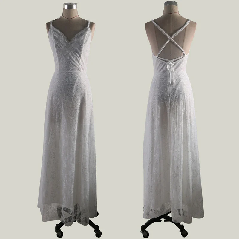 Женское длинное платье на бретелях спагетти Белое Кружевное Платье макси с