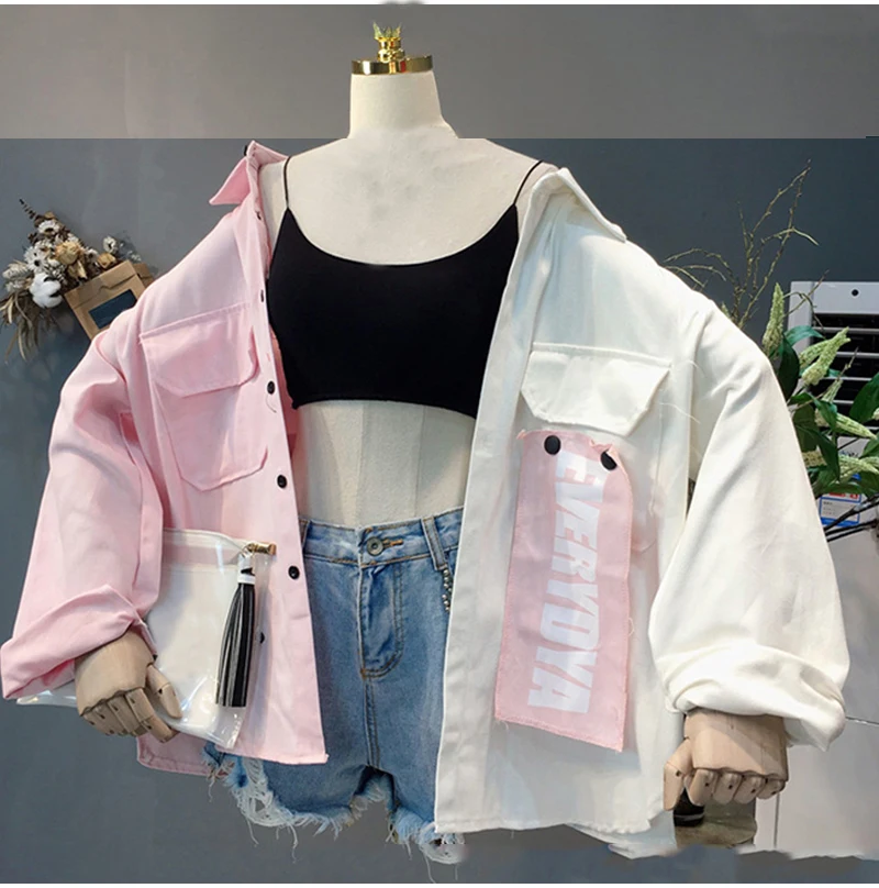White Pink Plegie Harajuku Женская куртка большого размера в стиле пэчворк, осень, Новое поступление, верхняя одежда, пальто в стиле хип-хоп, уличная одежда, свободные BF стильные куртки - Цвет: White Pink