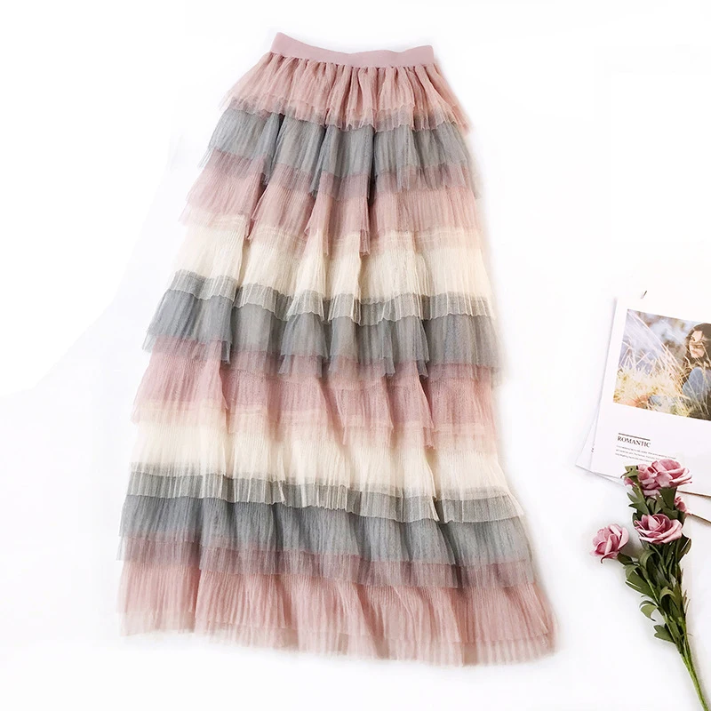 Женская плиссированная юбка в стиле бохо винтажная с радужным принтом и оборками