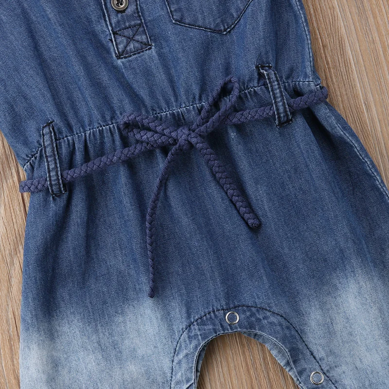 2018 Brand New 0-24M Summer Casual Toddler Baby Girls Boys Denim Romper Short Sleeve Sashes Blue Jumpsuits Clothes | Мать и ребенок