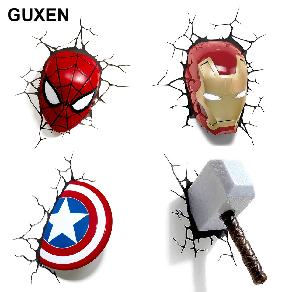 GUxen 3D Marvel Deco Light Avengers Iron Man/Spider Man/The Hulk/Hammer/Captain America Shield with Crack Wall Sticker Light On.