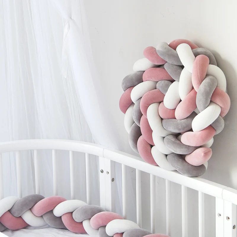 pink gray white 2 м Длина Новорожденный ребенок кровать бампер чистый плетение плюшевый узел кроватки бампер детская кровать защита для кроватки Декор детской комнаты - Цвет: pink gray white