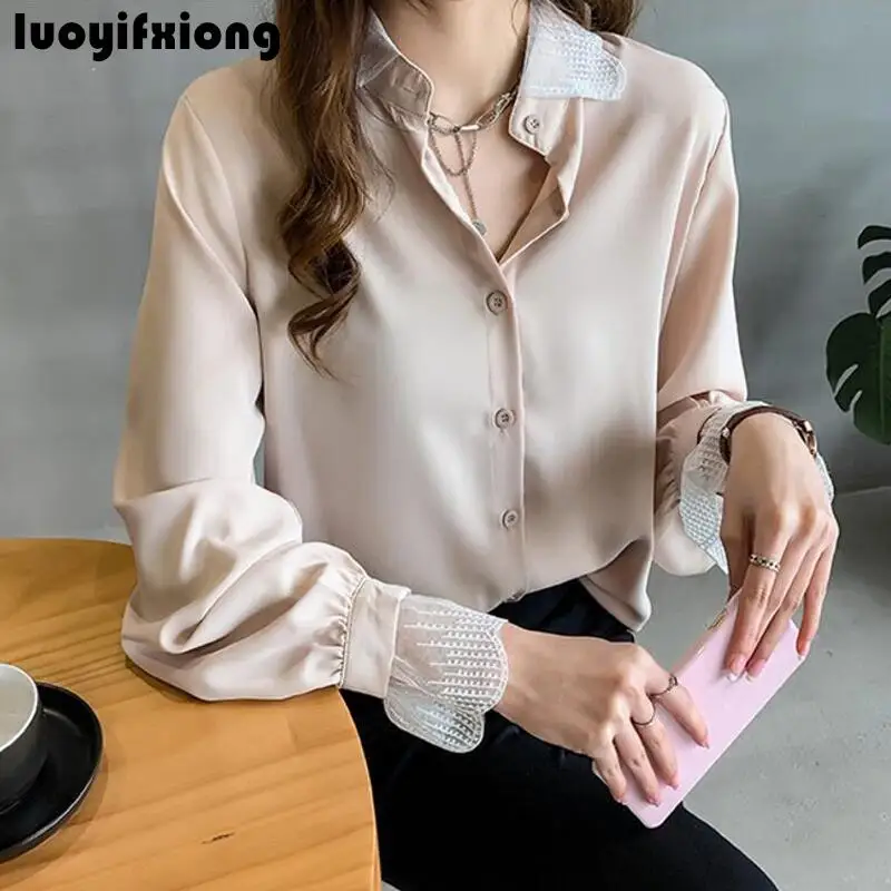 Blusas Mujer De Moda, кружевная шифоновая блузка с длинным рукавом в стиле пэчворк, женские рубашки, повседневные рубашки размера плюс, Женские топы и блузки