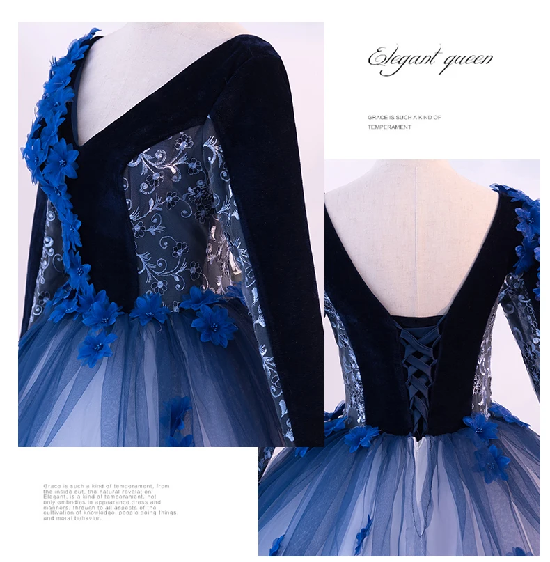 luxury stage perofrmance gown long sleeve ball V collar blue silk flowers medieval dress Renaissance queen cosplay | Тематическая