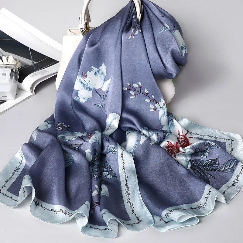 ZHENS04 blue Натуральный шелковый шарф, женские роскошные брендовые дизайнерские шали и палантины, элегантные пашмины с цветочным принтом, длинные мягкие зимние шарфы, женские хиджаб - Цвет: ZHENS04 blue